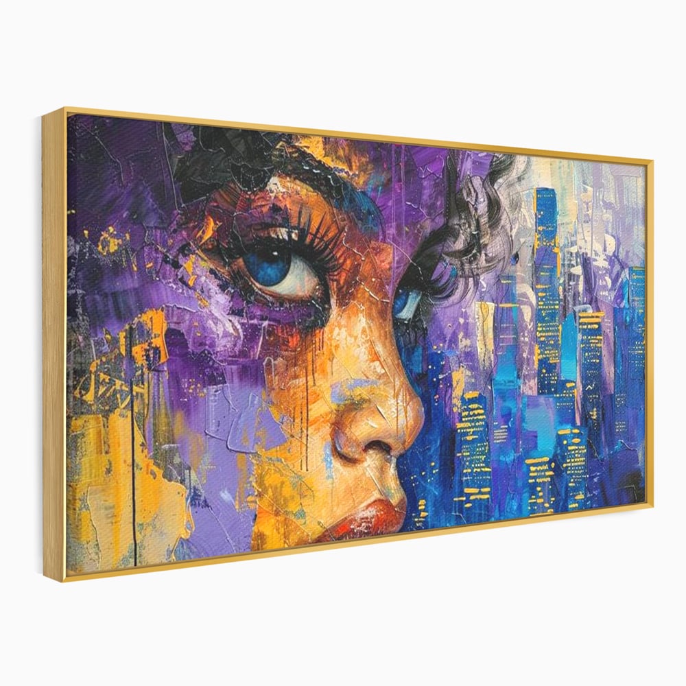 Tablou Canvas Premium LuxCanva® G1010, Femeia si Lumina Orasului , Urban, Metropola, Privire, Femeie, Violet, Living, Dormitor, Culori vibrante
