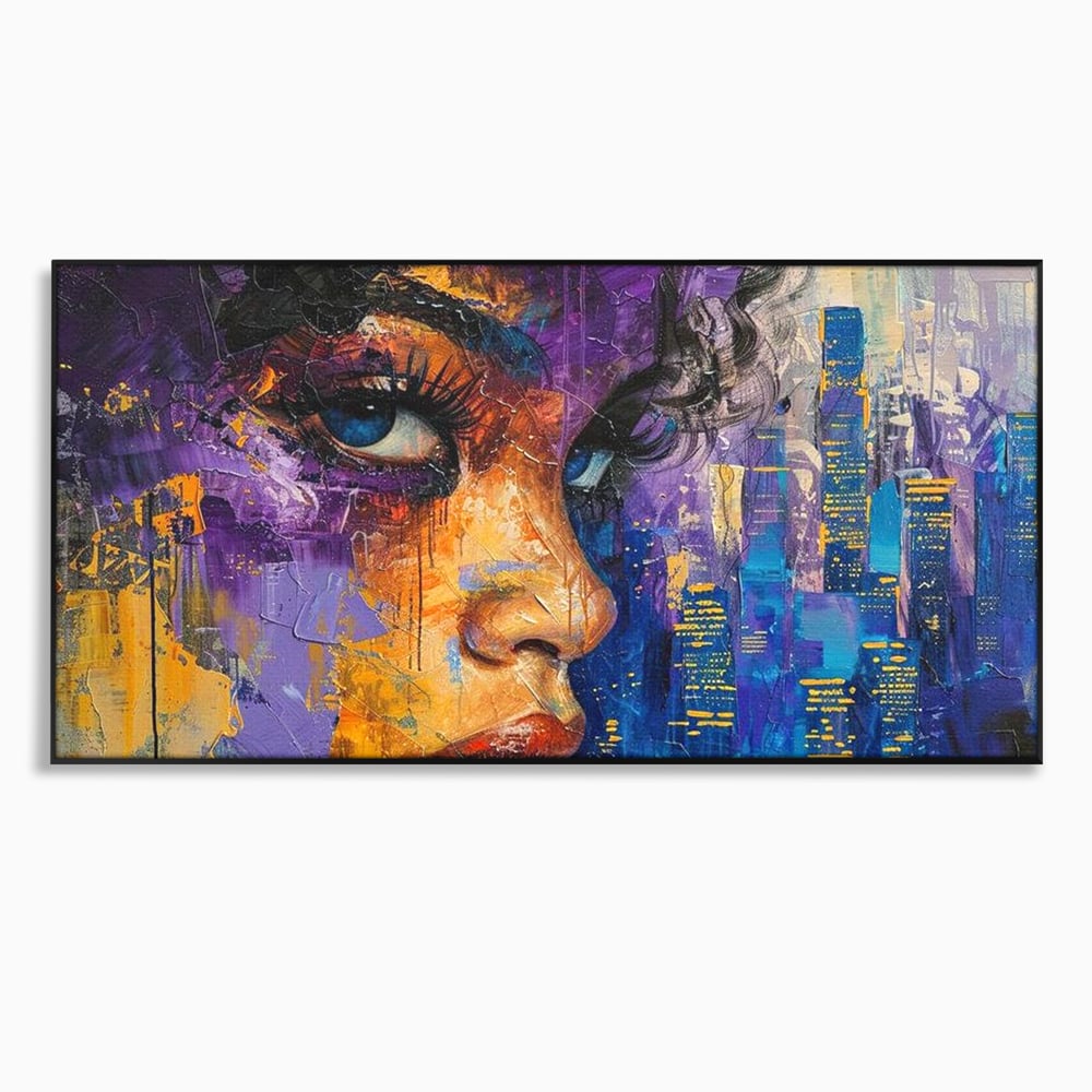 Tablou Canvas Premium LuxCanva® G1010, Femeia si Lumina Orasului , Urban, Metropola, Privire, Femeie, Violet, Living, Dormitor, Culori vibrante