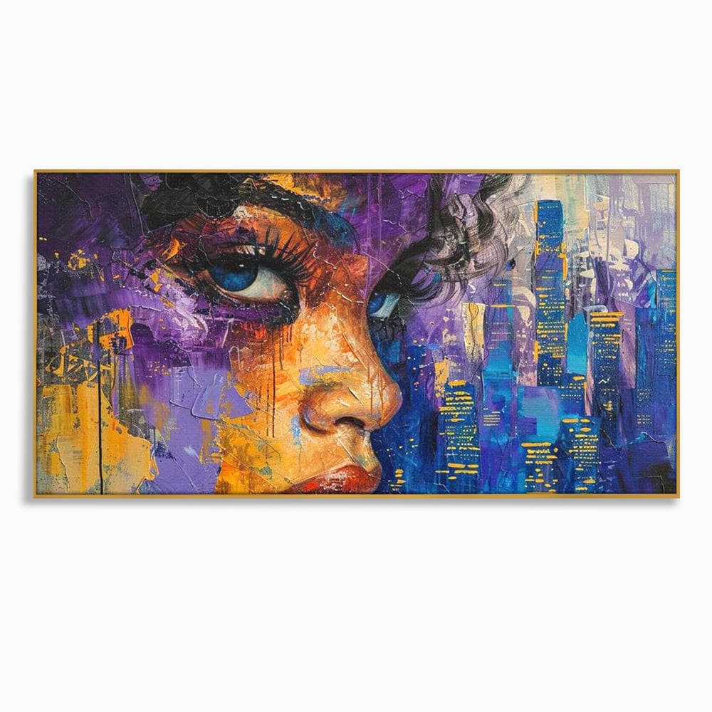 Tablou Canvas Premium LuxCanva® G1010, Femeia si Lumina Orasului , Urban, Metropola, Privire, Femeie, Violet, Living, Dormitor, Culori vibrante