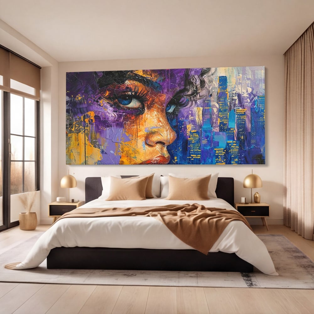 Tablou Canvas Premium LuxCanva® G1010, Femeia si Lumina Orasului , Urban, Metropola, Privire, Femeie, Violet, Living, Dormitor, Culori vibrante