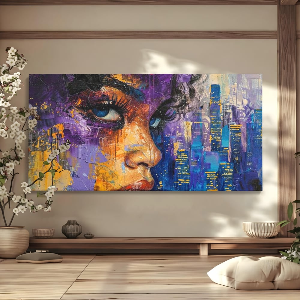 Tablou Canvas Premium LuxCanva® G1010, Femeia si Lumina Orasului , Urban, Metropola, Privire, Femeie, Violet, Living, Dormitor, Culori vibrante