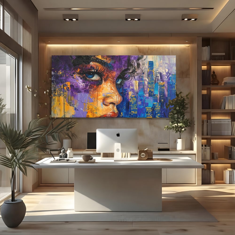 Tablou Canvas Premium LuxCanva® G1010, Femeia si Lumina Orasului , Urban, Metropola, Privire, Femeie, Violet, Living, Dormitor, Culori vibrante