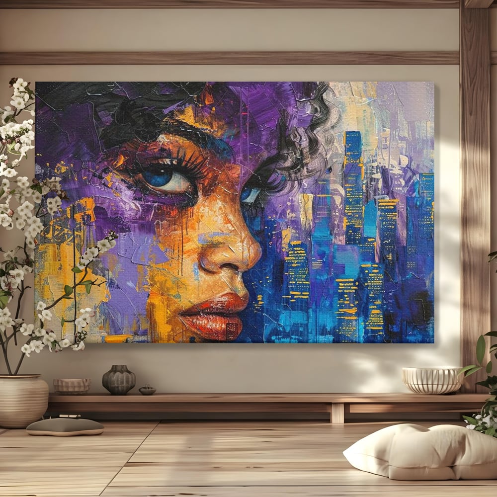 Tablou Canvas Premium LuxCanva® G1010, Femeia si Lumina Orasului , Urban, Metropola, Privire, Femeie, Violet, Living, Dormitor, Culori vibrante