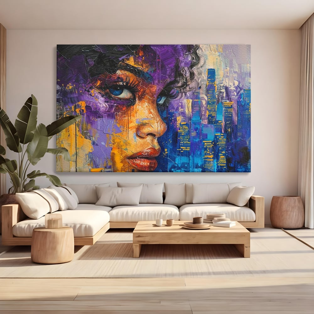 Tablou Canvas Premium LuxCanva® G1010, Femeia si Lumina Orasului , Urban, Metropola, Privire, Femeie, Violet, Living, Dormitor, Culori vibrante