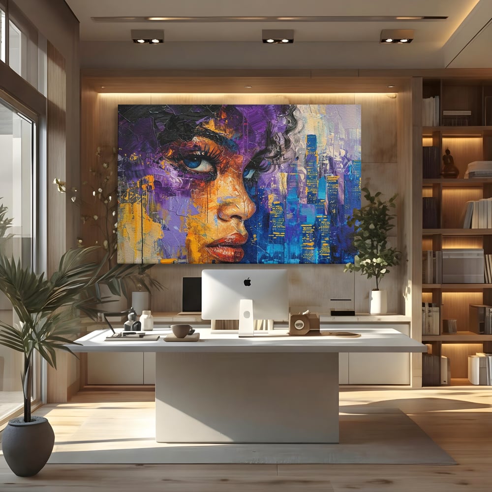 Tablou Canvas Premium LuxCanva® G1010, Femeia si Lumina Orasului , Urban, Metropola, Privire, Femeie, Violet, Living, Dormitor, Culori vibrante