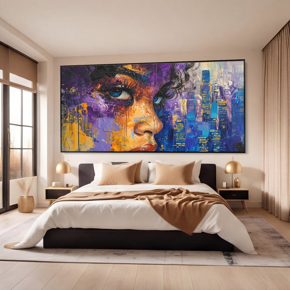 Tablou Canvas Premium LuxCanva® G1010, Femeia si Lumina Orasului , Urban, Metropola, Privire, Femeie, Violet, Living, Dormitor, Culori vibrante