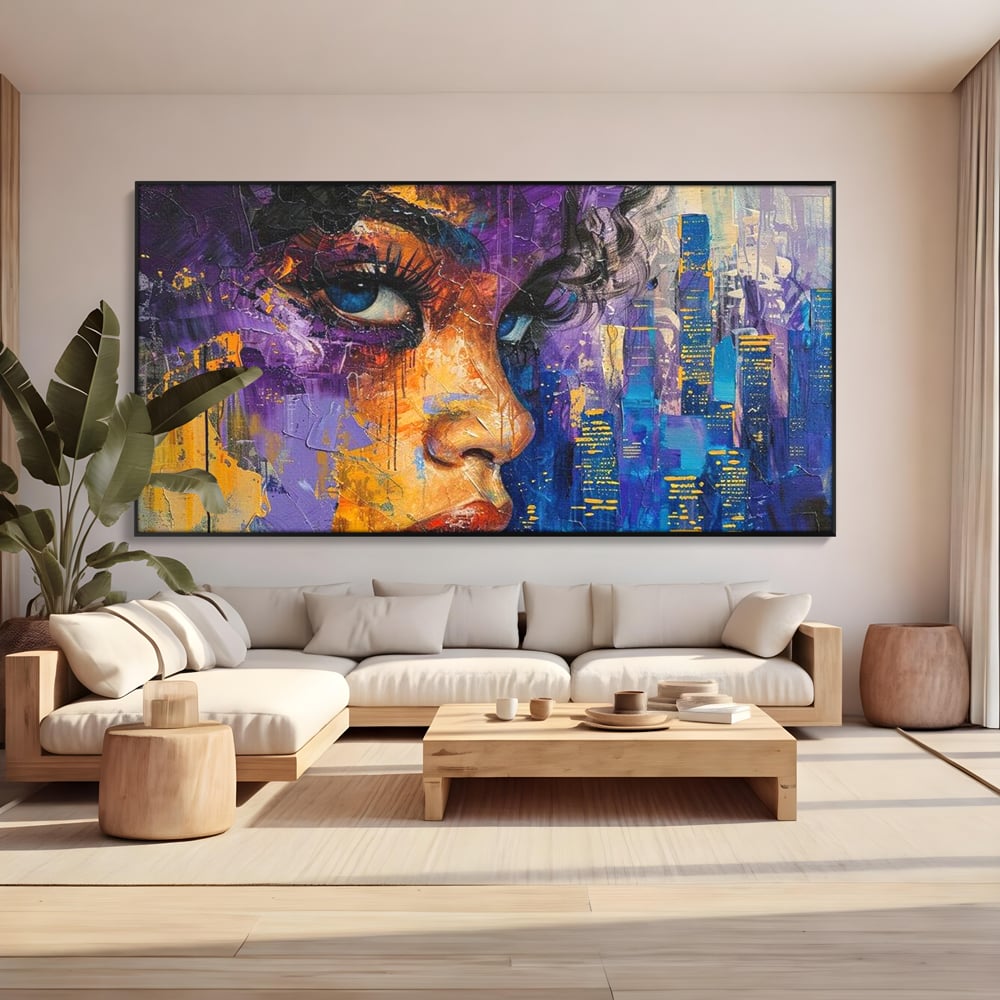 Tablou Canvas Premium LuxCanva® G1010, Femeia si Lumina Orasului , Urban, Metropola, Privire, Femeie, Violet, Living, Dormitor, Culori vibrante