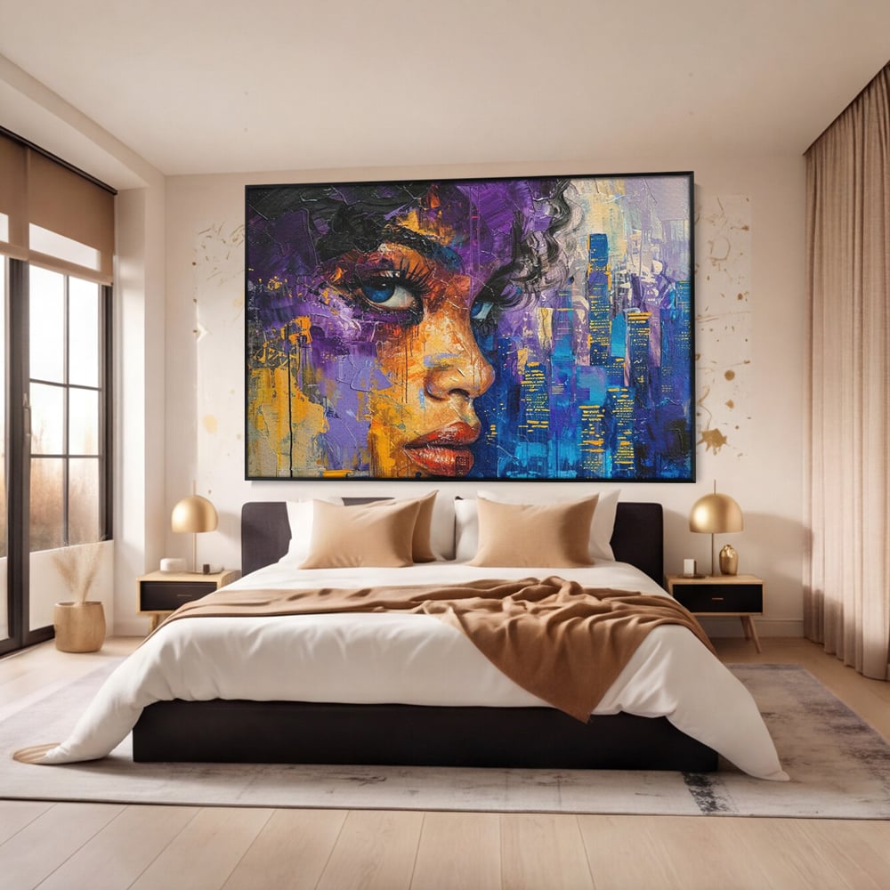 Tablou Canvas Premium LuxCanva® G1010, Femeia si Lumina Orasului , Urban, Metropola, Privire, Femeie, Violet, Living, Dormitor, Culori vibrante