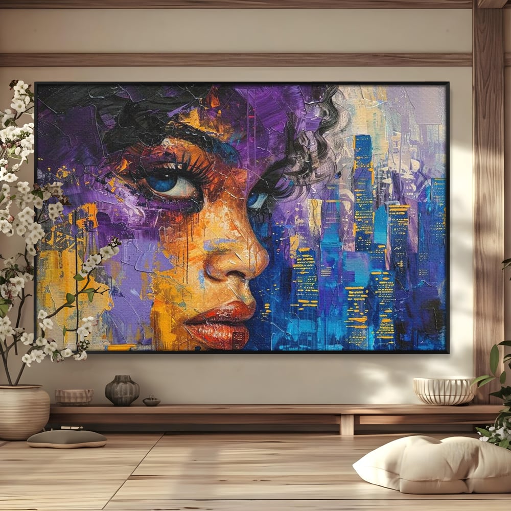 Tablou Canvas Premium LuxCanva® G1010, Femeia si Lumina Orasului , Urban, Metropola, Privire, Femeie, Violet, Living, Dormitor, Culori vibrante