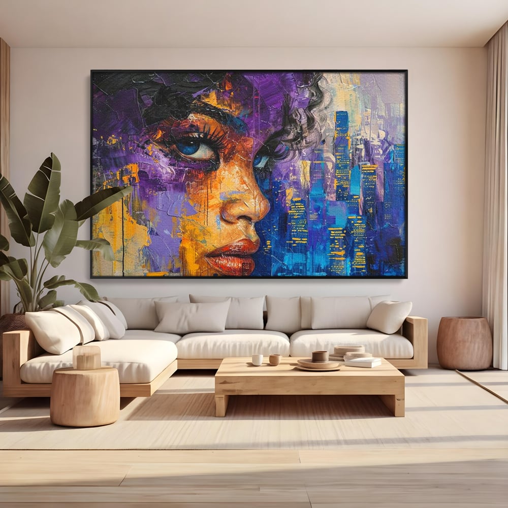Tablou Canvas Premium LuxCanva® G1010, Femeia si Lumina Orasului , Urban, Metropola, Privire, Femeie, Violet, Living, Dormitor, Culori vibrante
