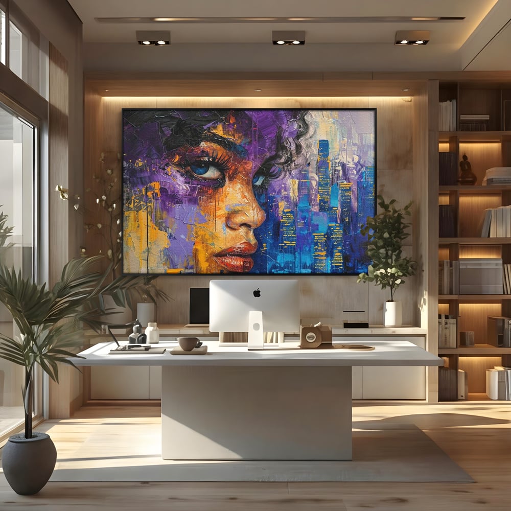 Tablou Canvas Premium LuxCanva® G1010, Femeia si Lumina Orasului , Urban, Metropola, Privire, Femeie, Violet, Living, Dormitor, Culori vibrante