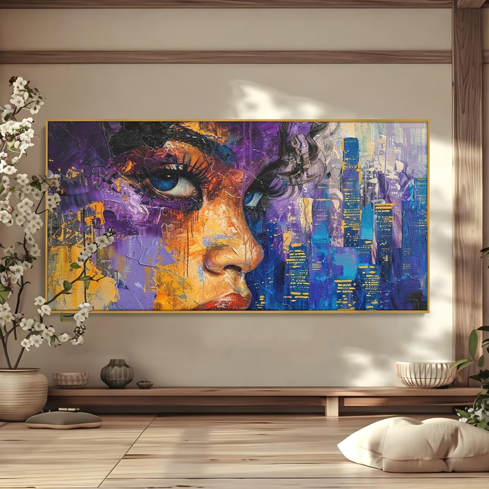 Tablou Canvas Premium LuxCanva® G1010, Femeia si Lumina Orasului , Urban, Metropola, Privire, Femeie, Violet, Living, Dormitor, Culori vibrante
