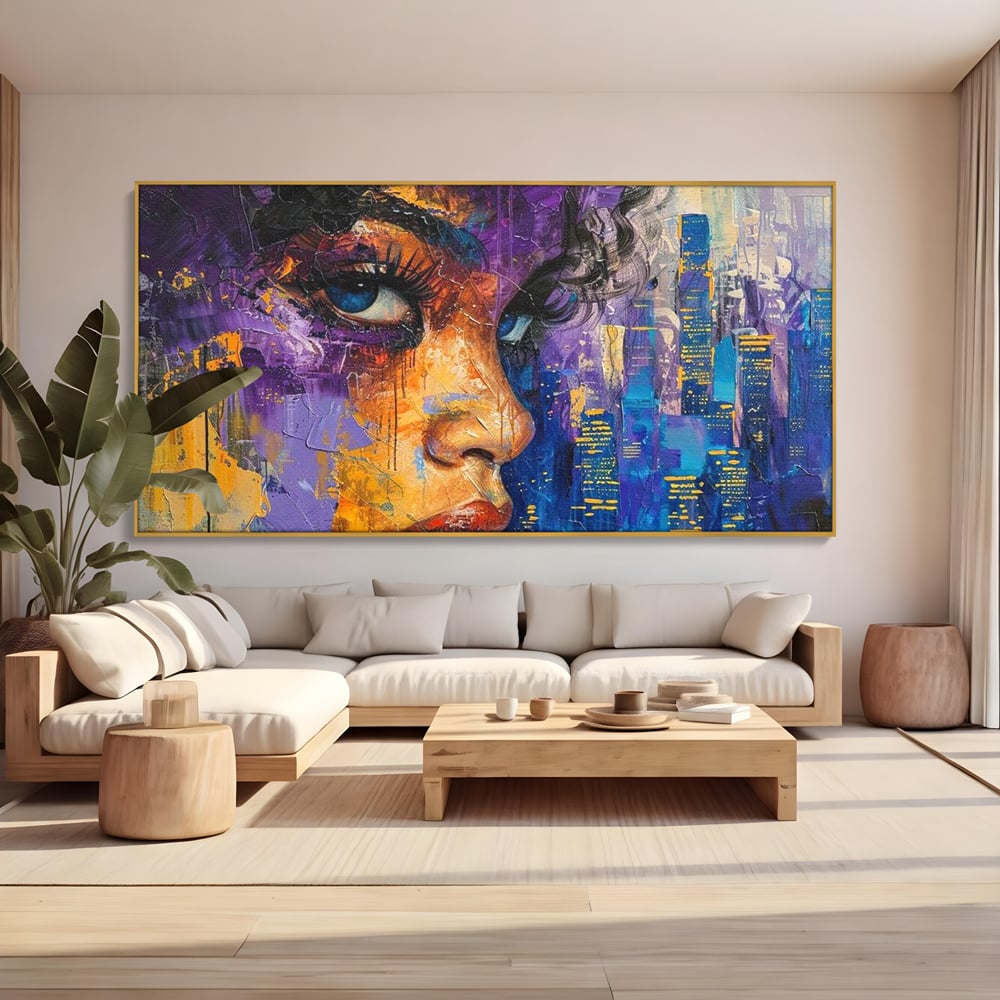 Tablou Canvas Premium LuxCanva® G1010, Femeia si Lumina Orasului , Urban, Metropola, Privire, Femeie, Violet, Living, Dormitor, Culori vibrante
