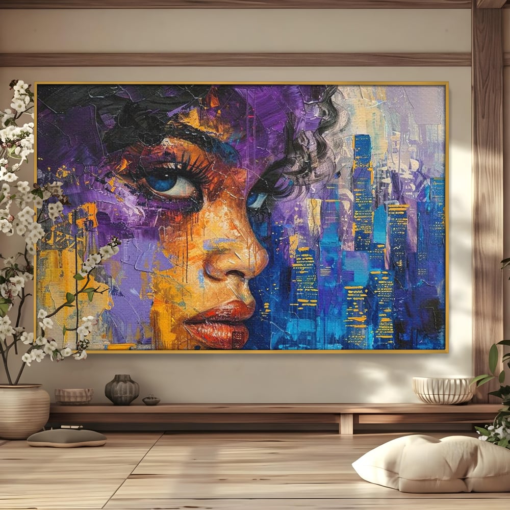 Tablou Canvas Premium LuxCanva® G1010, Femeia si Lumina Orasului , Urban, Metropola, Privire, Femeie, Violet, Living, Dormitor, Culori vibrante