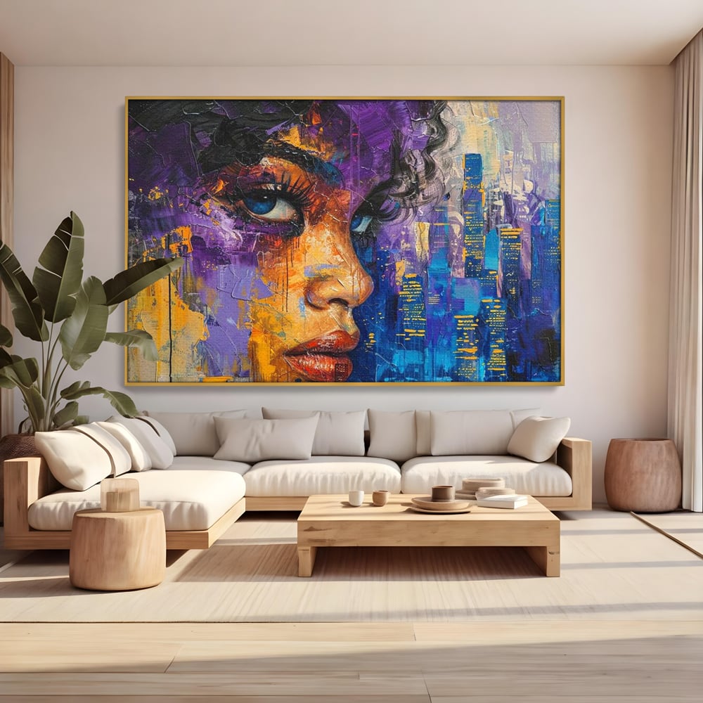 Tablou Canvas Premium LuxCanva® G1010, Femeia si Lumina Orasului , Urban, Metropola, Privire, Femeie, Violet, Living, Dormitor, Culori vibrante