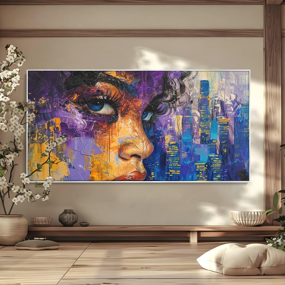 Tablou Canvas Premium LuxCanva® G1010, Femeia si Lumina Orasului , Urban, Metropola, Privire, Femeie, Violet, Living, Dormitor, Culori vibrante