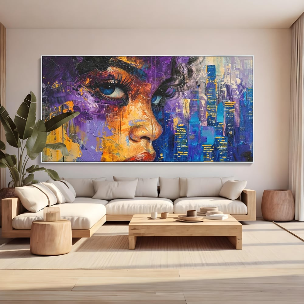 Tablou Canvas Premium LuxCanva® G1010, Femeia si Lumina Orasului , Urban, Metropola, Privire, Femeie, Violet, Living, Dormitor, Culori vibrante