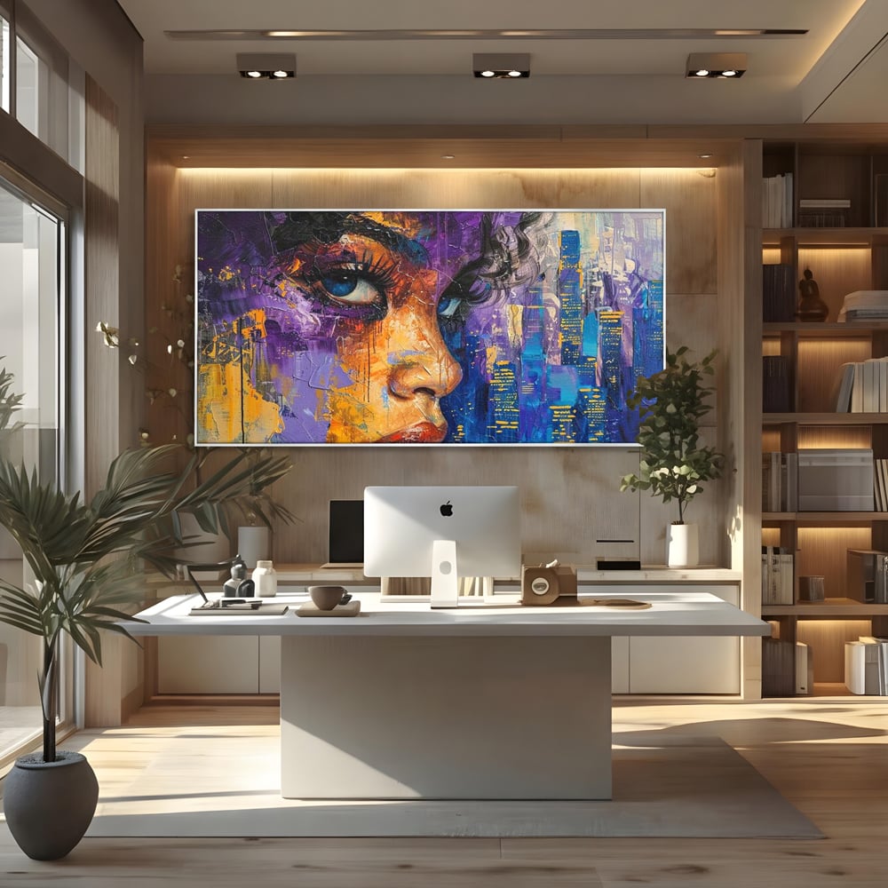Tablou Canvas Premium LuxCanva® G1010, Femeia si Lumina Orasului , Urban, Metropola, Privire, Femeie, Violet, Living, Dormitor, Culori vibrante