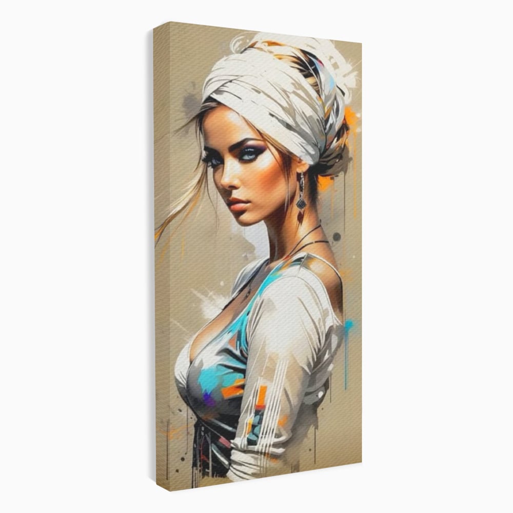 Tablou Canvas Premium LuxCanva® G1011, Regina Desertului , Libertate, Atemporal, Privire, Nisip, Turban, Alb, Living, Dormitor, Culori vibrante
