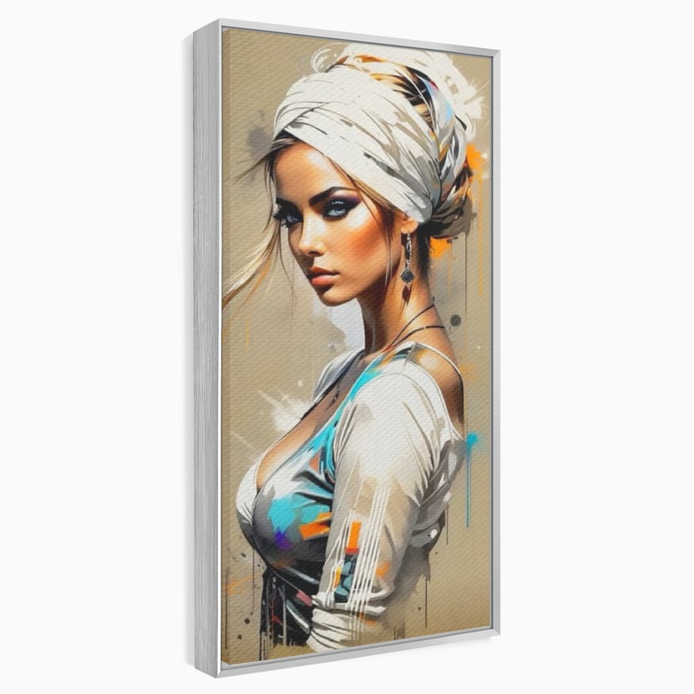 Tablou Canvas Premium LuxCanva® G1011, Regina Desertului , Libertate, Atemporal, Privire, Nisip, Turban, Alb, Living, Dormitor, Culori vibrante