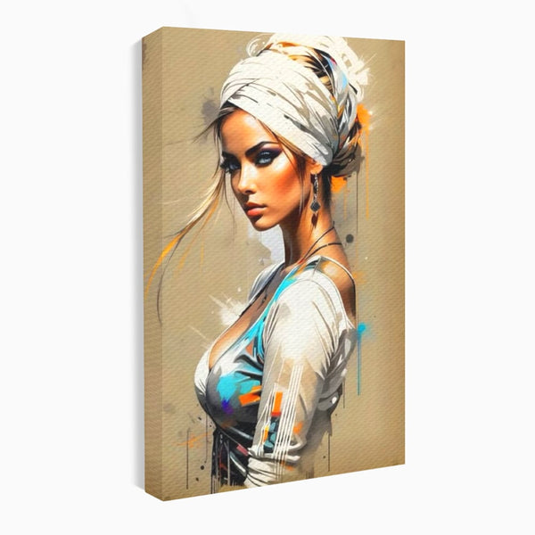 Tablou Canvas Premium LuxCanva® G1011, Regina Desertului , Libertate, Atemporal, Privire, Nisip, Turban, Alb, Living, Dormitor, Culori vibrante