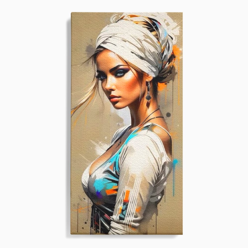 Tablou Canvas Premium LuxCanva® G1011, Regina Desertului , Libertate, Atemporal, Privire, Nisip, Turban, Alb, Living, Dormitor, Culori vibrante