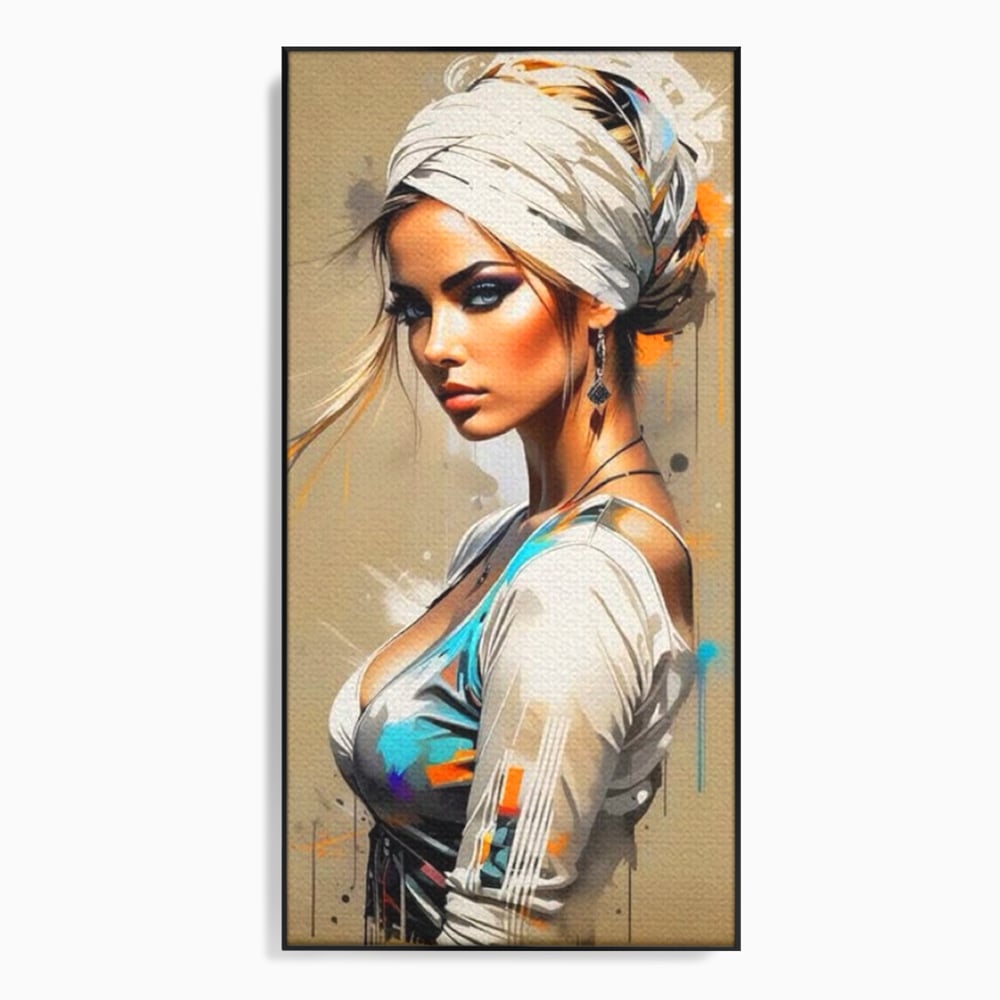 Tablou Canvas Premium LuxCanva® G1011, Regina Desertului , Libertate, Atemporal, Privire, Nisip, Turban, Alb, Living, Dormitor, Culori vibrante