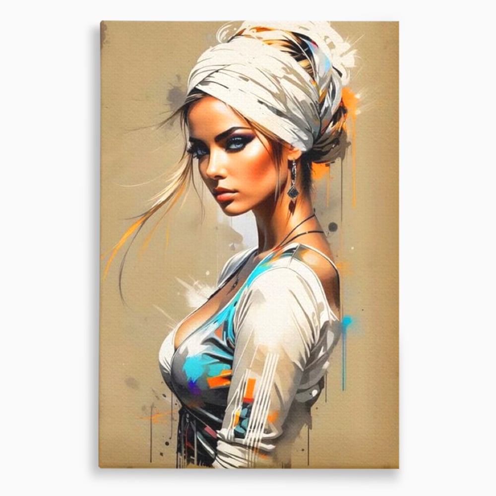 Tablou Canvas Premium LuxCanva® G1011, Regina Desertului , Libertate, Atemporal, Privire, Nisip, Turban, Alb, Living, Dormitor, Culori vibrante