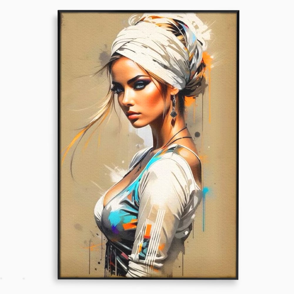 Tablou Canvas Premium LuxCanva® G1011, Regina Desertului , Libertate, Atemporal, Privire, Nisip, Turban, Alb, Living, Dormitor, Culori vibrante