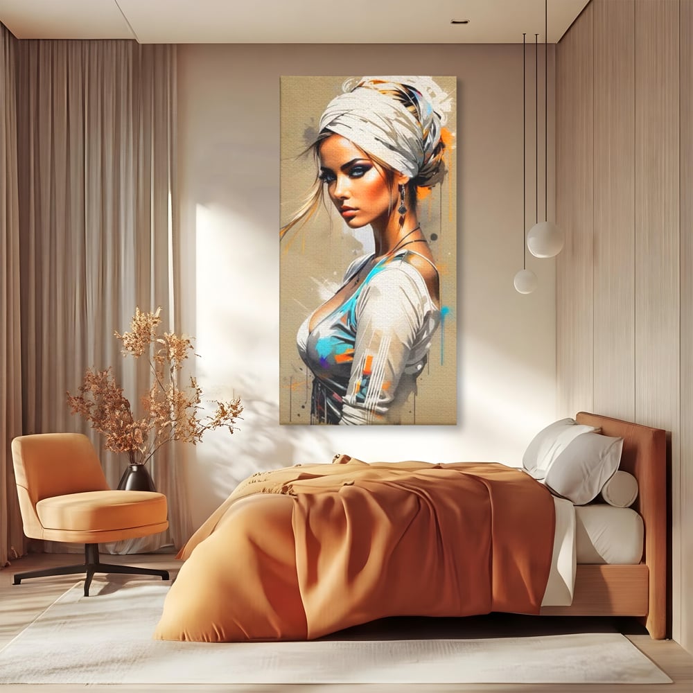 Tablou Canvas Premium LuxCanva® G1011, Regina Desertului , Libertate, Atemporal, Privire, Nisip, Turban, Alb, Living, Dormitor, Culori vibrante