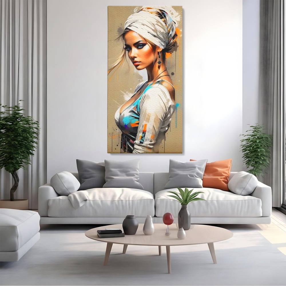 Tablou Canvas Premium LuxCanva® G1011, Regina Desertului , Libertate, Atemporal, Privire, Nisip, Turban, Alb, Living, Dormitor, Culori vibrante