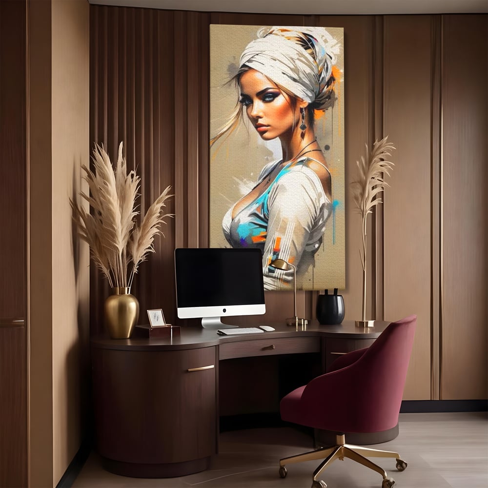 Tablou Canvas Premium LuxCanva® G1011, Regina Desertului , Libertate, Atemporal, Privire, Nisip, Turban, Alb, Living, Dormitor, Culori vibrante