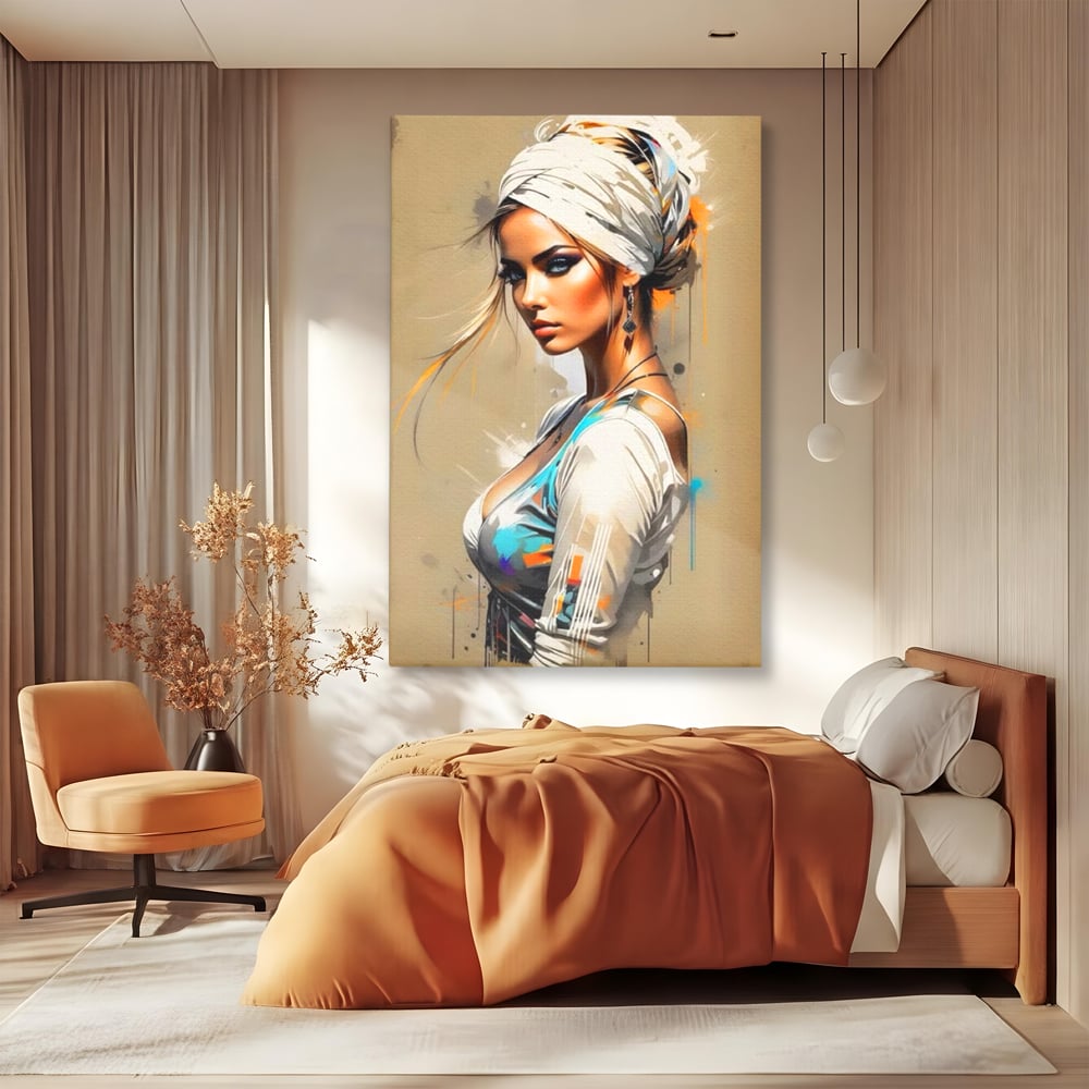 Tablou Canvas Premium LuxCanva® G1011, Regina Desertului , Libertate, Atemporal, Privire, Nisip, Turban, Alb, Living, Dormitor, Culori vibrante