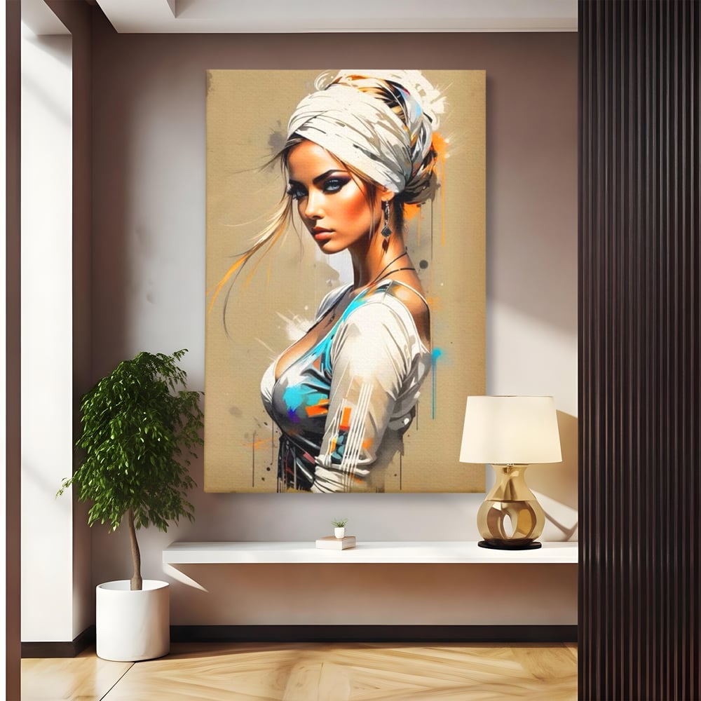 Tablou Canvas Premium LuxCanva® G1011, Regina Desertului , Libertate, Atemporal, Privire, Nisip, Turban, Alb, Living, Dormitor, Culori vibrante