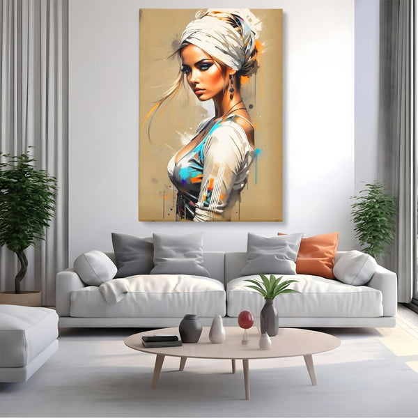 Tablou Canvas Premium LuxCanva® G1011, Regina Desertului , Libertate, Atemporal, Privire, Nisip, Turban, Alb, Living, Dormitor, Culori vibrante