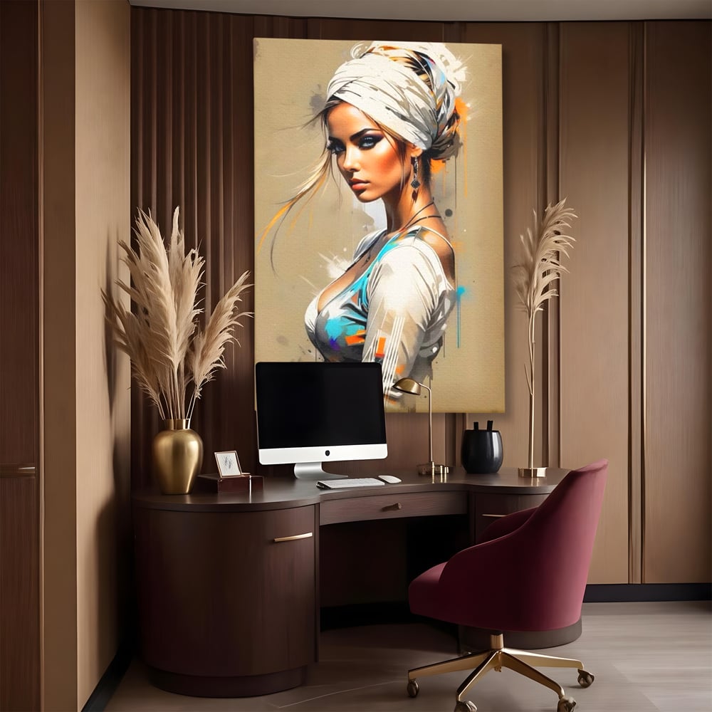 Tablou Canvas Premium LuxCanva® G1011, Regina Desertului , Libertate, Atemporal, Privire, Nisip, Turban, Alb, Living, Dormitor, Culori vibrante
