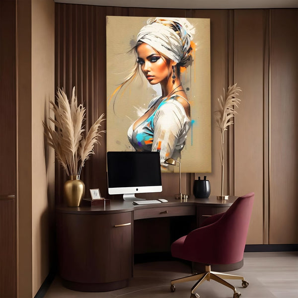 Tablou Canvas Premium LuxCanva® G1011, Regina Desertului , Libertate, Atemporal, Privire, Nisip, Turban, Alb, Living, Dormitor, Culori vibrante