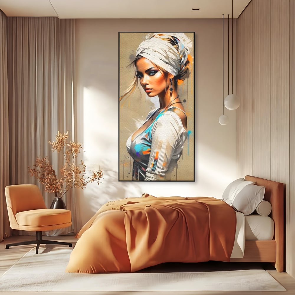 Tablou Canvas Premium LuxCanva® G1011, Regina Desertului , Libertate, Atemporal, Privire, Nisip, Turban, Alb, Living, Dormitor, Culori vibrante