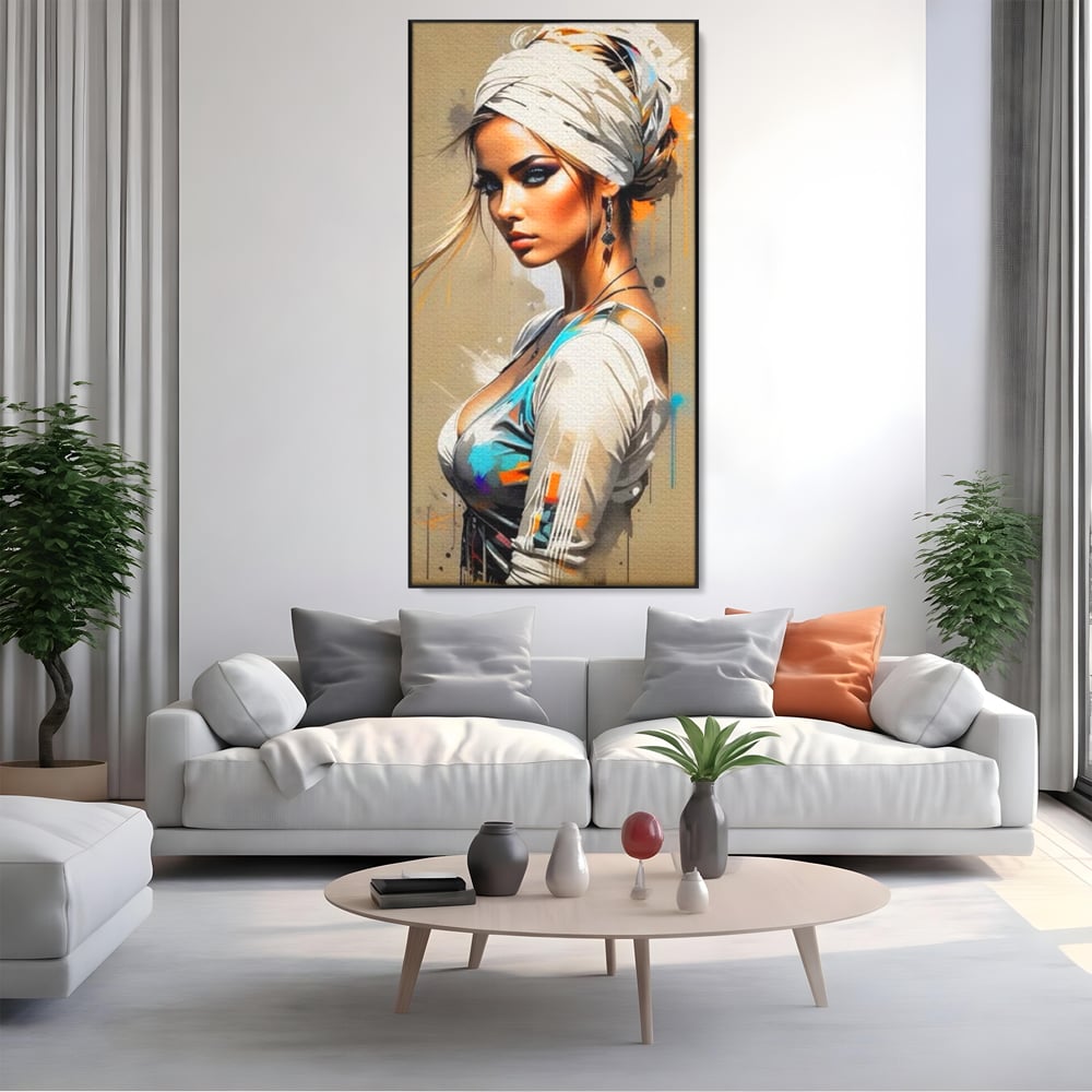 Tablou Canvas Premium LuxCanva® G1011, Regina Desertului , Libertate, Atemporal, Privire, Nisip, Turban, Alb, Living, Dormitor, Culori vibrante