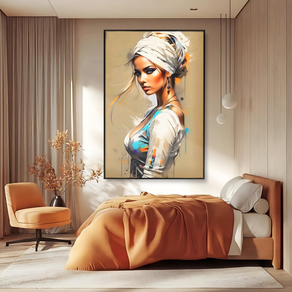 Tablou Canvas Premium LuxCanva® G1011, Regina Desertului , Libertate, Atemporal, Privire, Nisip, Turban, Alb, Living, Dormitor, Culori vibrante