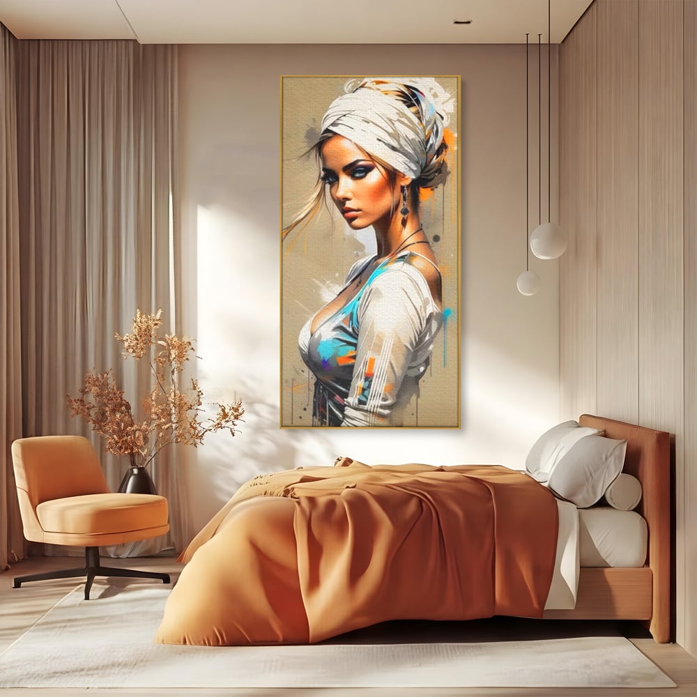 Tablou Canvas Premium LuxCanva® G1011, Regina Desertului , Libertate, Atemporal, Privire, Nisip, Turban, Alb, Living, Dormitor, Culori vibrante