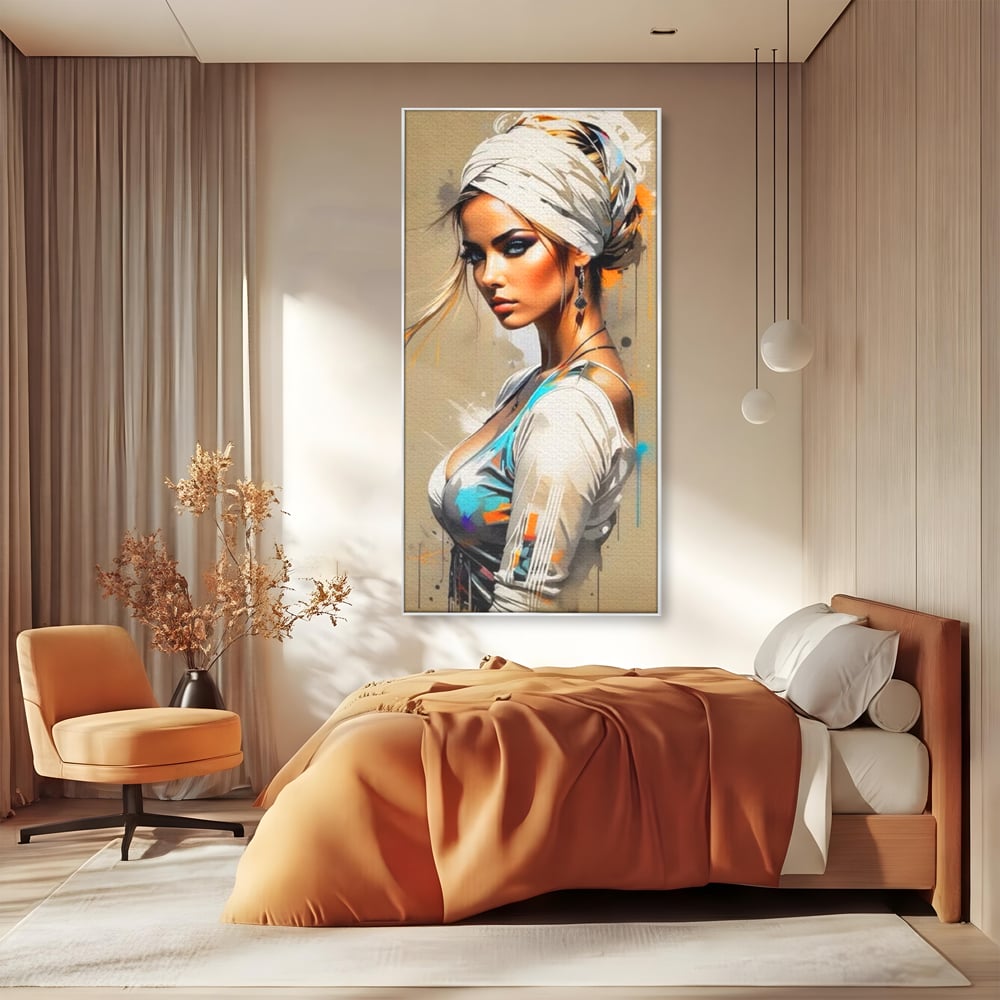 Tablou Canvas Premium LuxCanva® G1011, Regina Desertului , Libertate, Atemporal, Privire, Nisip, Turban, Alb, Living, Dormitor, Culori vibrante
