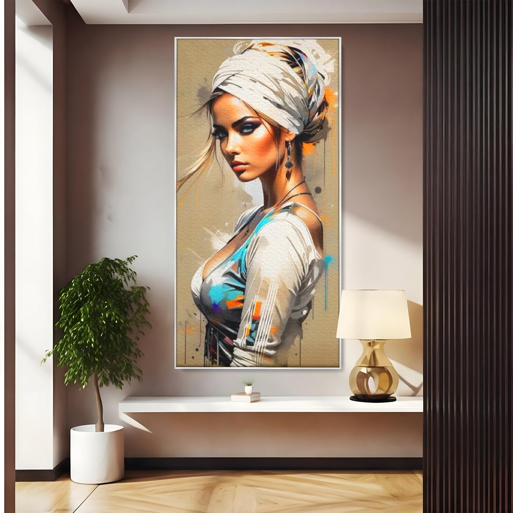 Tablou Canvas Premium LuxCanva® G1011, Regina Desertului , Libertate, Atemporal, Privire, Nisip, Turban, Alb, Living, Dormitor, Culori vibrante