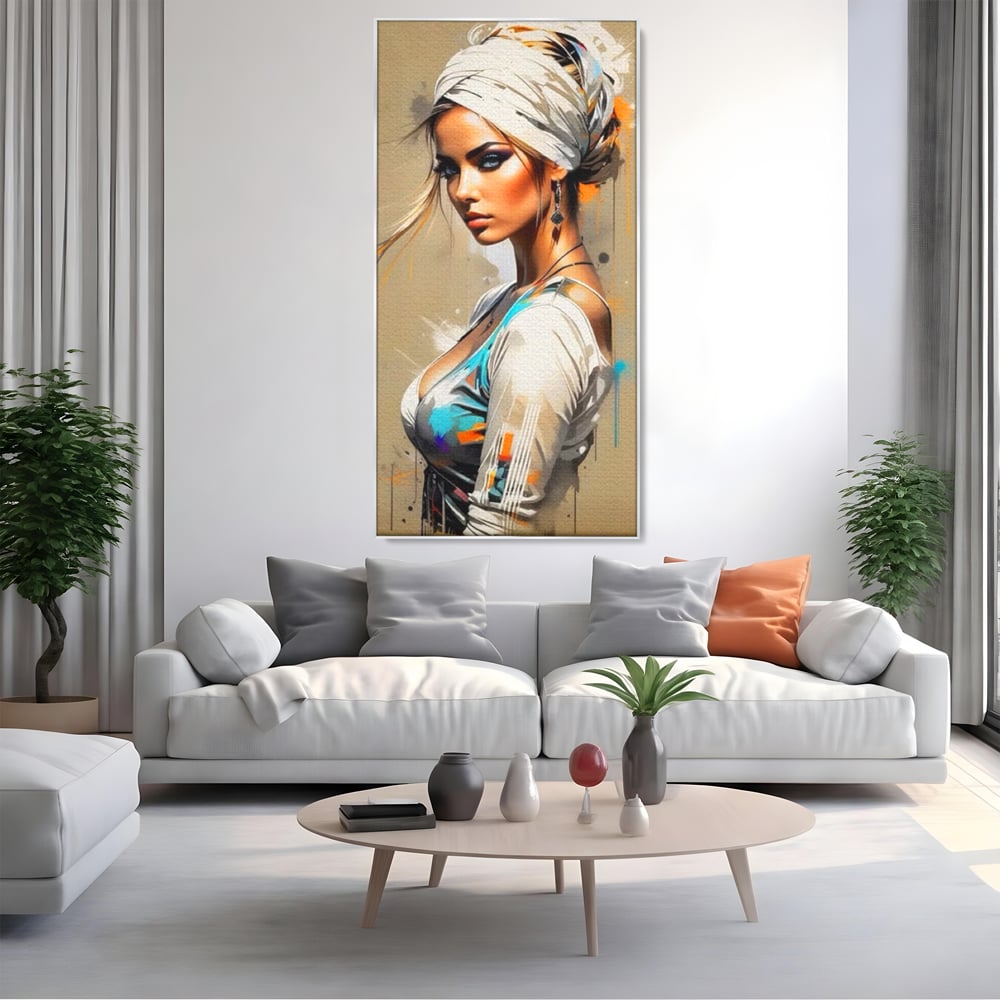 Tablou Canvas Premium LuxCanva® G1011, Regina Desertului , Libertate, Atemporal, Privire, Nisip, Turban, Alb, Living, Dormitor, Culori vibrante