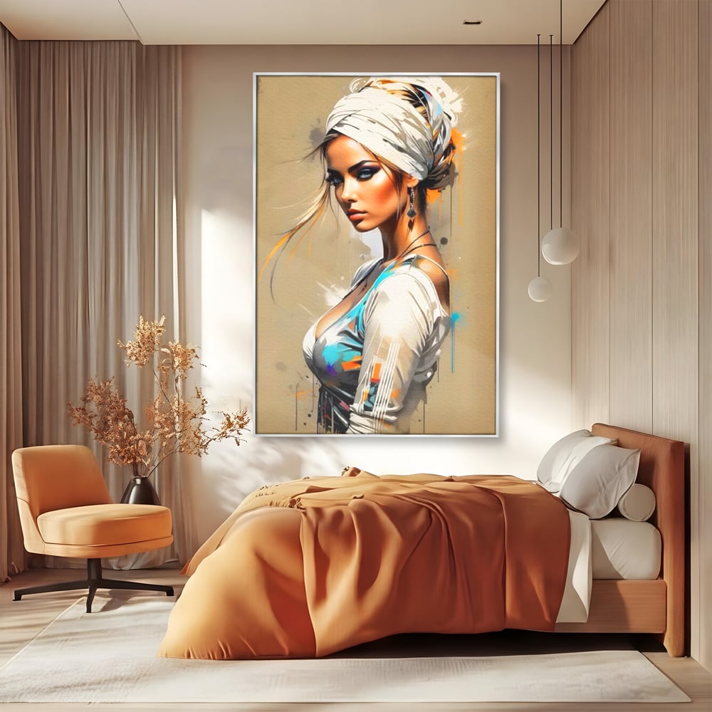 Tablou Canvas Premium LuxCanva® G1011, Regina Desertului , Libertate, Atemporal, Privire, Nisip, Turban, Alb, Living, Dormitor, Culori vibrante