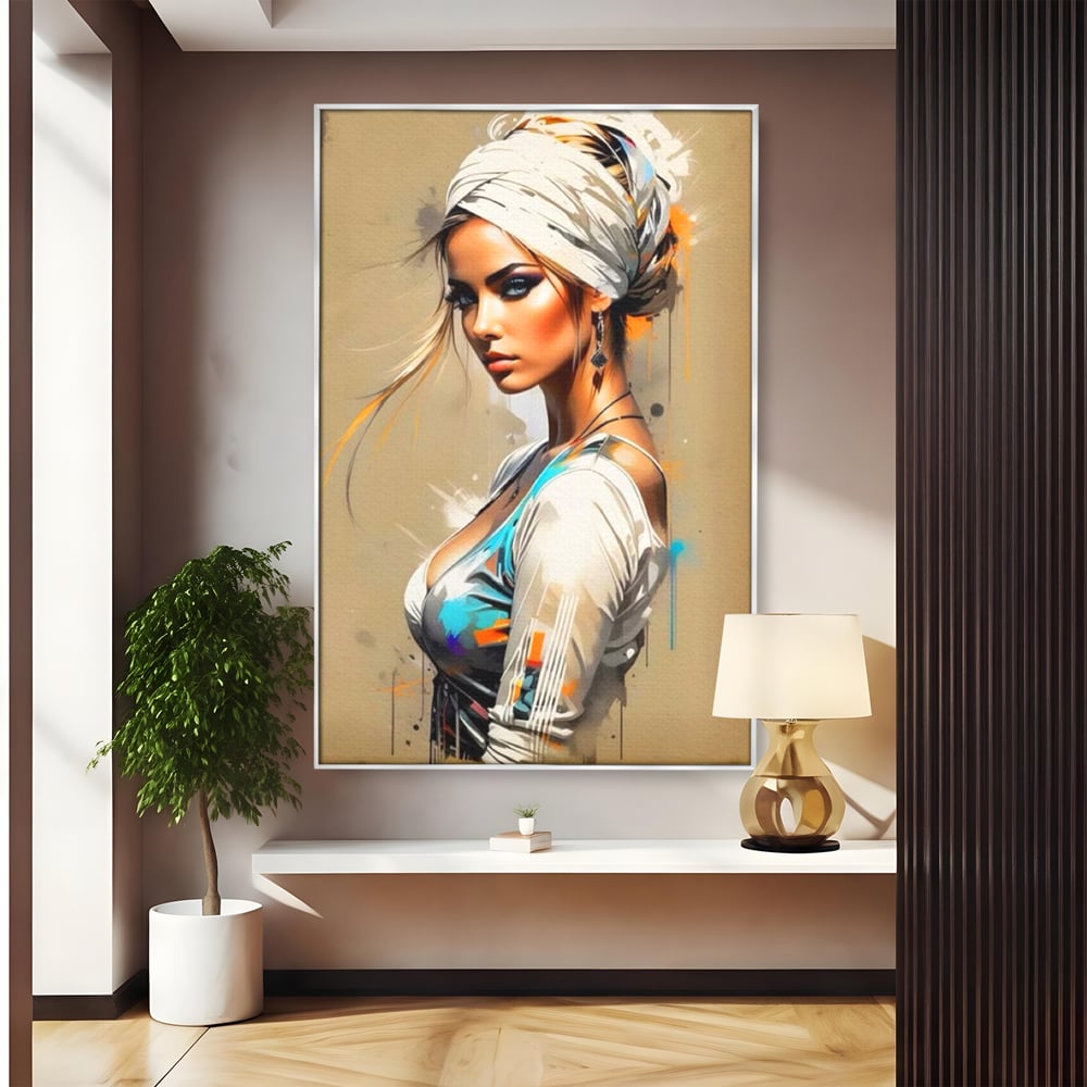 Tablou Canvas Premium LuxCanva® G1011, Regina Desertului , Libertate, Atemporal, Privire, Nisip, Turban, Alb, Living, Dormitor, Culori vibrante