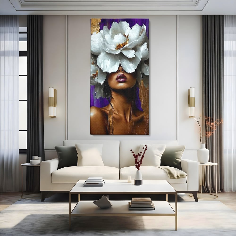 Tablou Canvas Premium LuxCanva® G1012, Aura Florala a Femeii , Petale, Flori, Albe, Puritate, Eleganta, Salbatica, Aura, Regina, Living, Dormitor, Culori vibrante