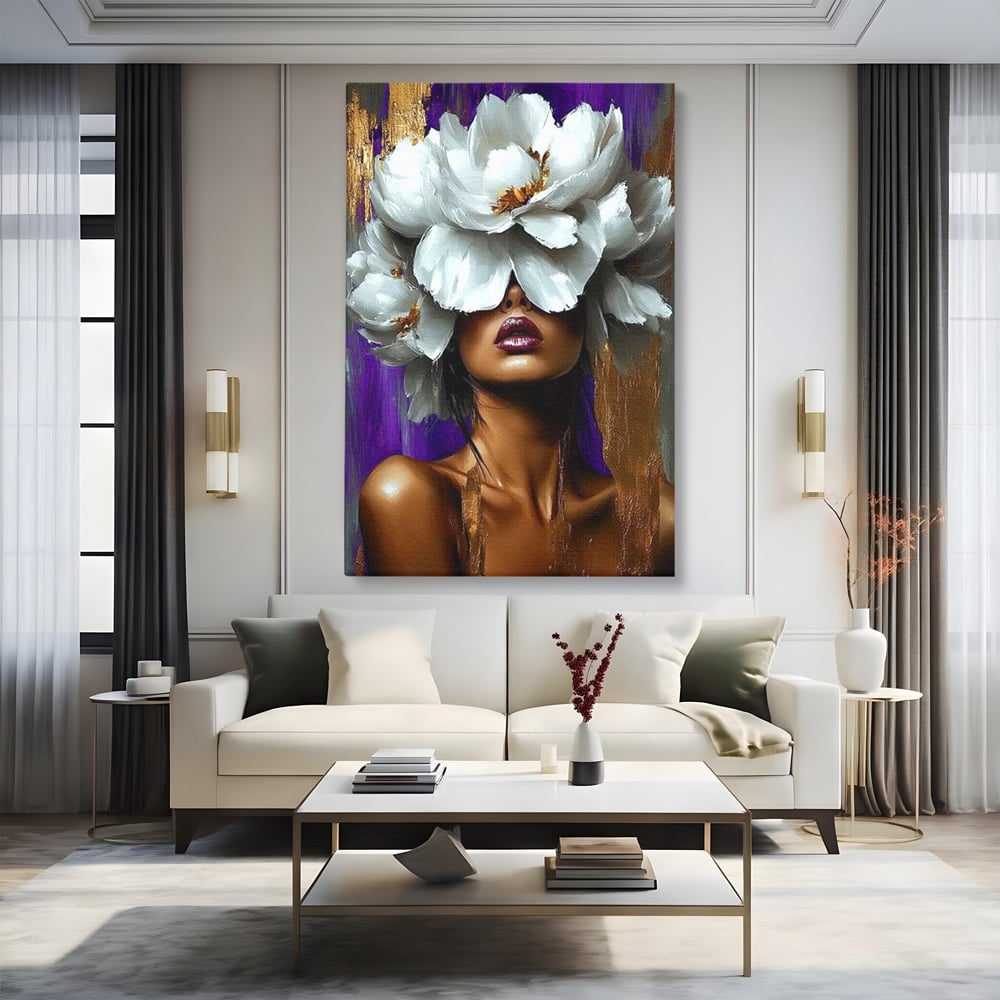 Tablou Canvas Premium LuxCanva® G1012, Aura Florala a Femeii , Petale, Flori, Albe, Puritate, Eleganta, Salbatica, Aura, Regina, Living, Dormitor, Culori vibrante