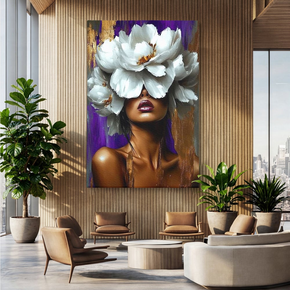 Tablou Canvas Premium LuxCanva® G1012, Aura Florala a Femeii , Petale, Flori, Albe, Puritate, Eleganta, Salbatica, Aura, Regina, Living, Dormitor, Culori vibrante