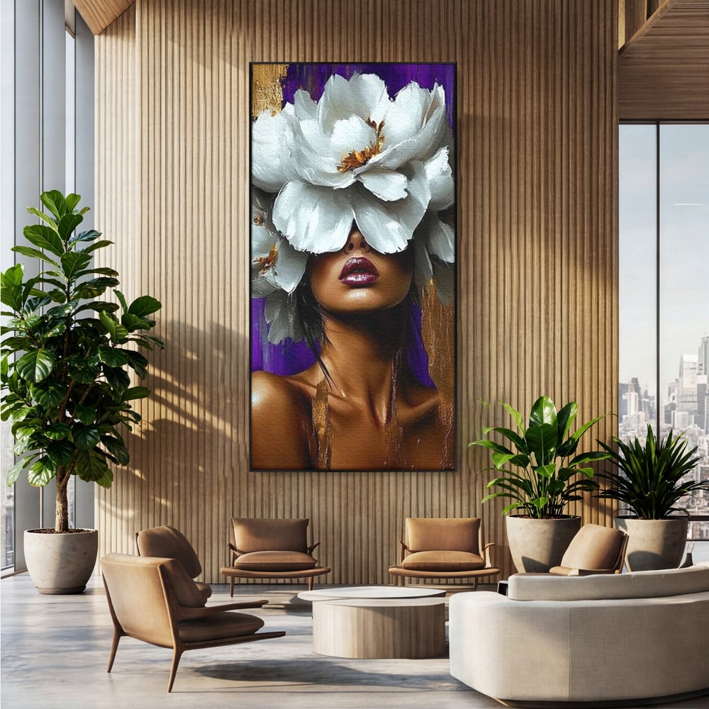 Tablou Canvas Premium LuxCanva® G1012, Aura Florala a Femeii , Petale, Flori, Albe, Puritate, Eleganta, Salbatica, Aura, Regina, Living, Dormitor, Culori vibrante